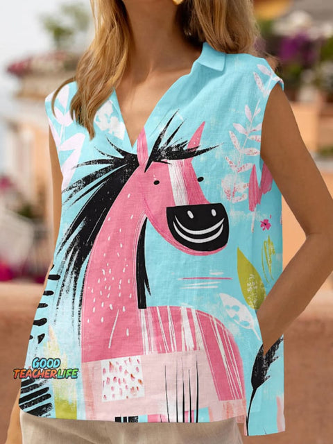 Art Horse Print Cotton And Linen Top