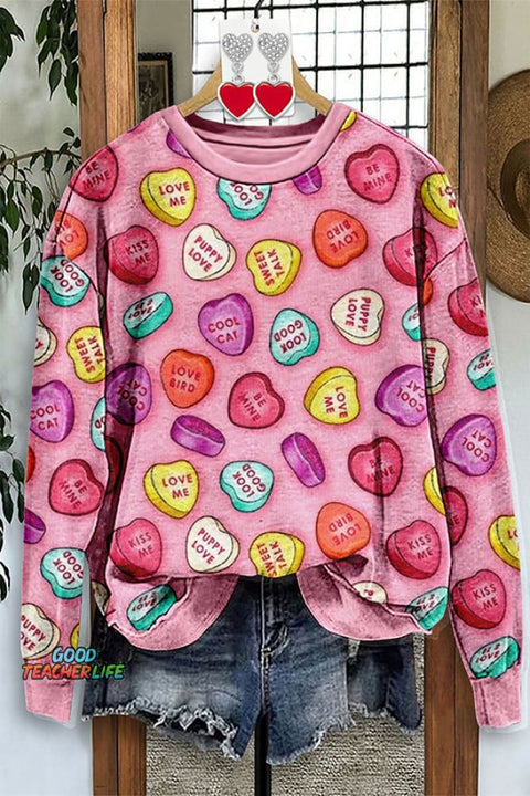 Vintage Valentine's Day Heart Print Sweatshirt