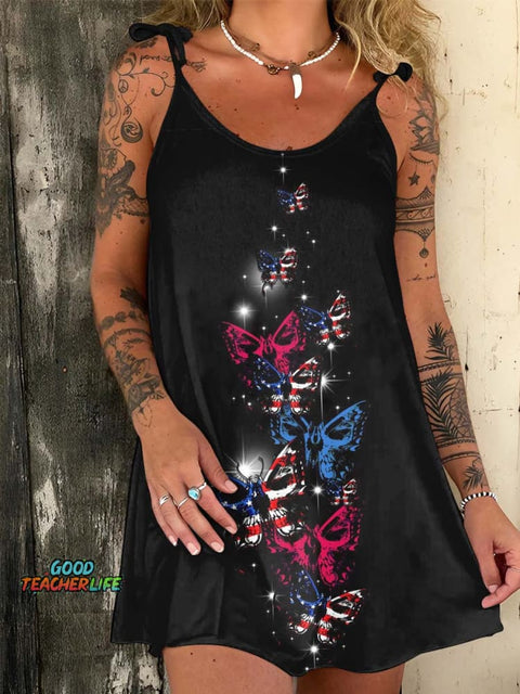 Independence Day Butterfly Print Casual Tie Dress