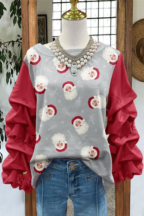 Cute Christmas Santa Claus Print Pleated Top