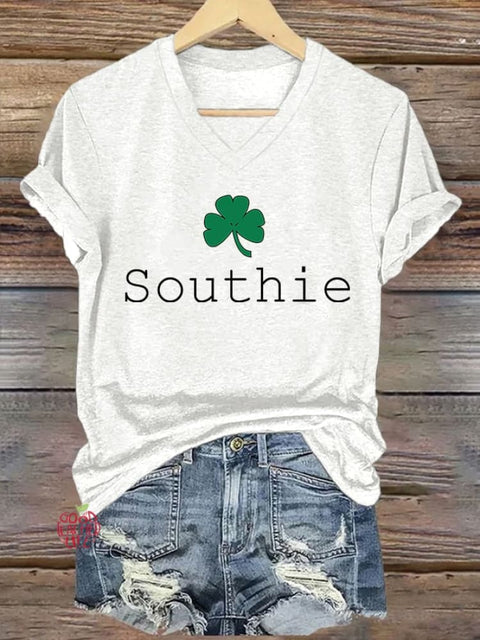 V-neck Retro St.Patrick's Day Southie Shamrock Print T-Shirt