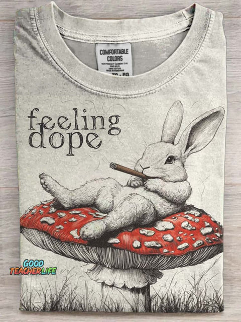 Rabbit on Mushroom Print Casual Short Sleeve T-Shirt