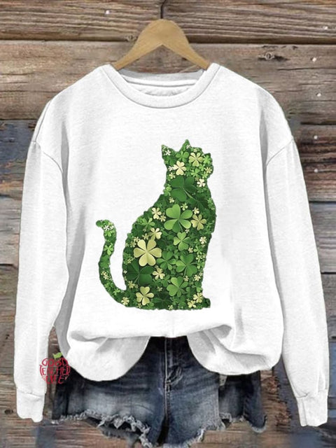 Women's Clover Cat Print Crew Neck Sweatshirt