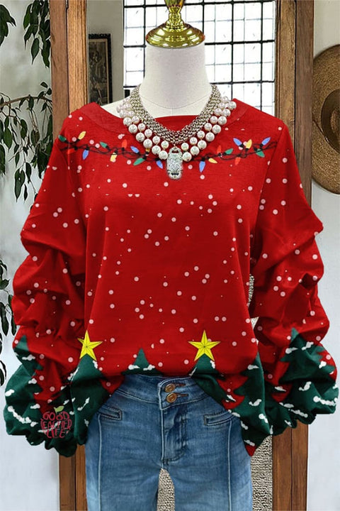 Cute Christmas Tree Print Pleated Top