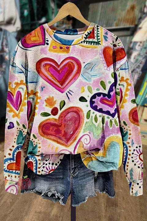 Colorful Art Heart Print Sweatshirt