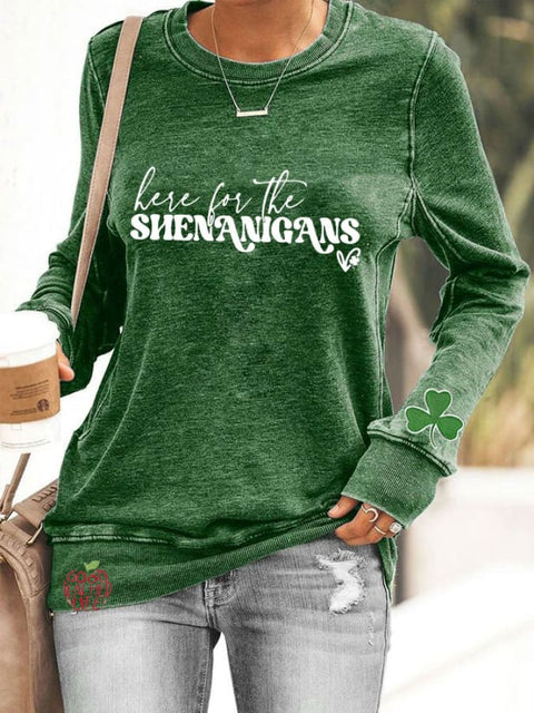 Women's St. Patrick's Day "Here For The Shenanigans" printed sweatshirt