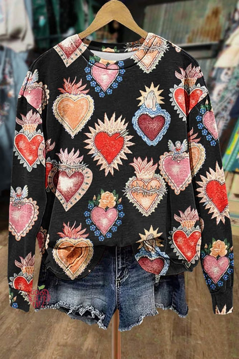 Mixed Retro Heart Print Sweatshirt