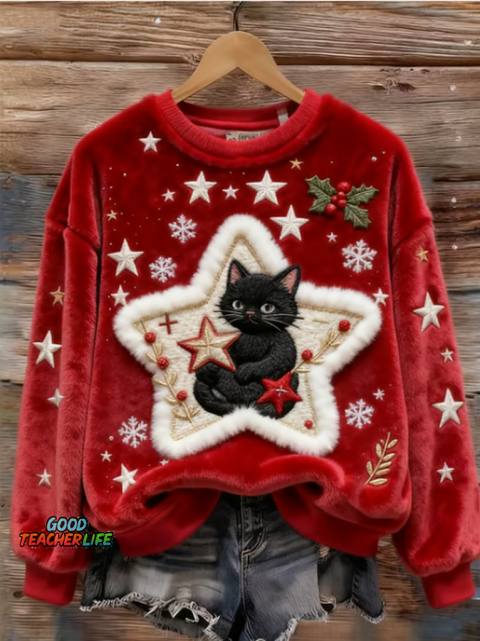 Christmas Cute Star Cat Art Casual Cotton Sweatshirt