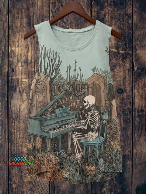 Fantasy Skull Pianist Print Casual Short Sleeve T-Shirt