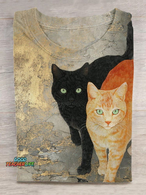 Men's Retro Cat Art Print Cotton Leisure T-shirt