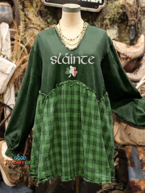 St. Patrick's Day Shamrock Art Print Plaid Stitching Sweatshirt