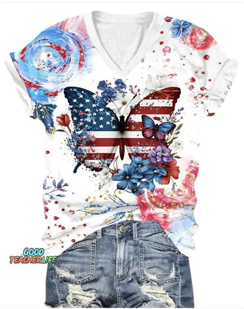 Independence Day Flowers National Flag Butterfly Art V-neck T-Shirt