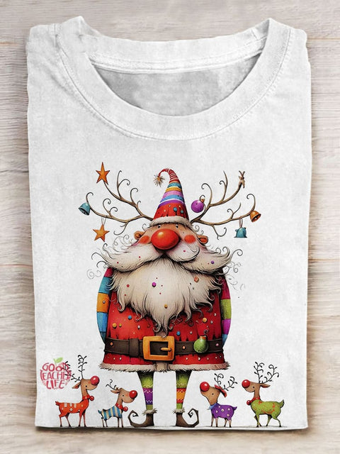 Cartoon Christmas Santa Printed Crew Neck Women's T-shirt