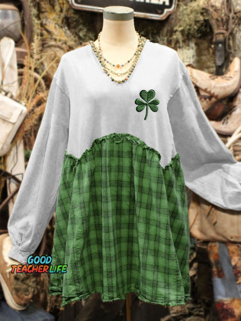 St. Patrick's Day Shamrock Art Print Plaid Stitching Sweatshirt