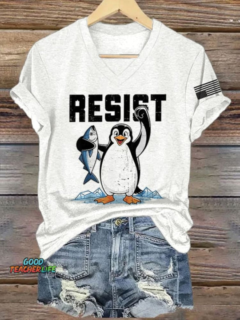 V-Neck Retro Penguins Resist Tariffs Print T-Shirt