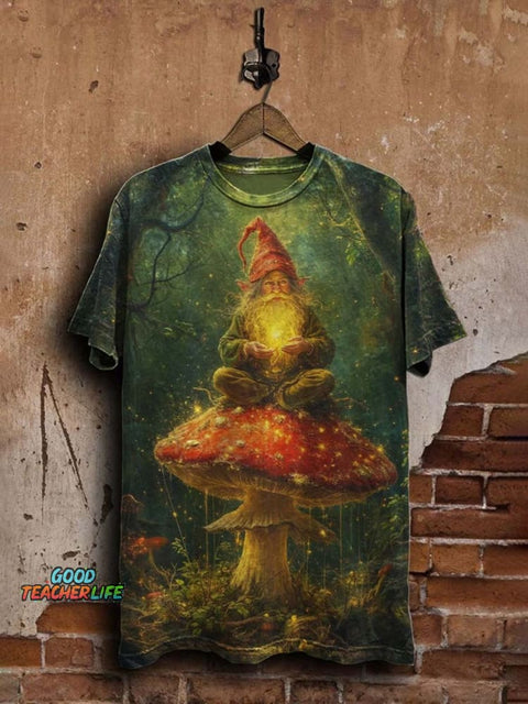 Gnome Elf Mushroom Print Casual Short Sleeve T-Shirt