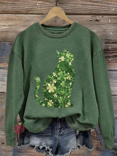 Women's Clover Cat Print Crew Neck Sweatshirt