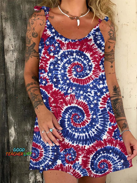 Independence Day Abstract Tie-Dye Print Casual Lace-Up Dress