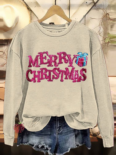 Merry Christmas Embroidered Crew Neck Sweatshirt