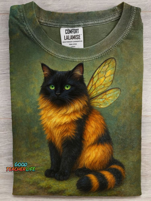 Bee Cat Funny Art Print Casaul Short Sleeve T-shirt