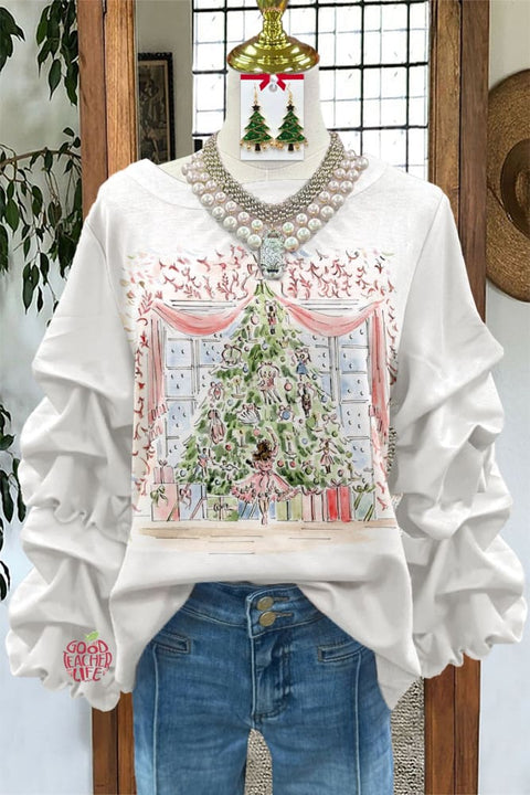 Sweet Christmas Tree Print Pleated Top