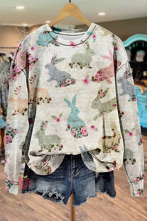 Floral Bunny Print Easter Sweatshirt