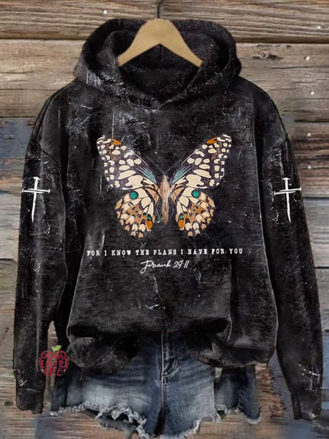 Women's Retro Gradient Faith Butterfly Flower Hooded Sweatshirt