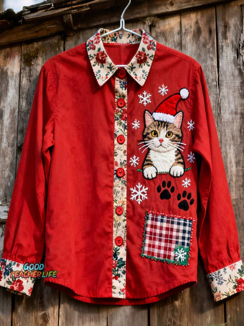 Christmas Cat Patchwork Art Print Casual Shirt