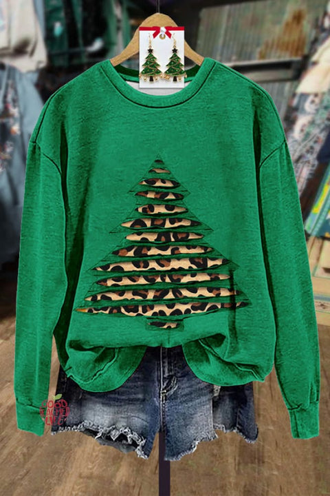 Retro Leopard Christmas Tree Applique Sweatshirt