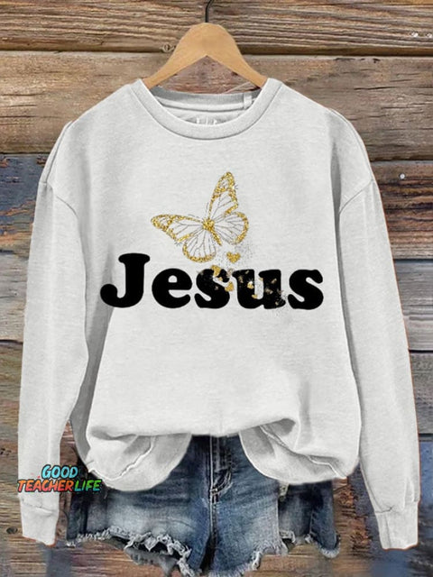 Women's Casual Butterfly Jesus Print Sweatshirt