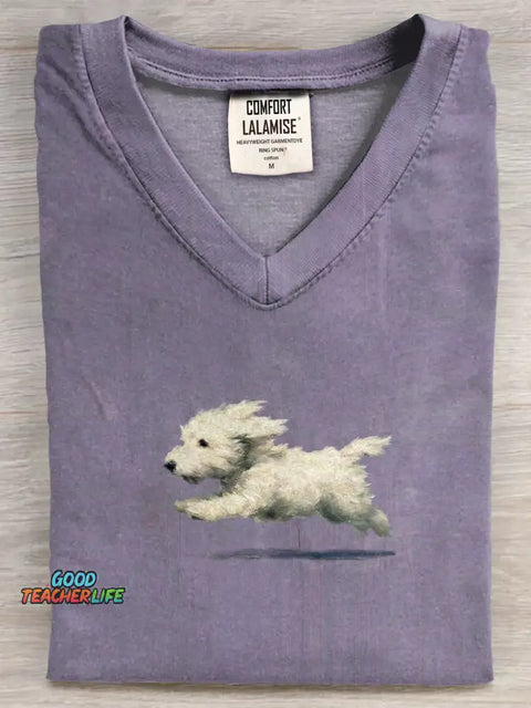Funny Retro Cute Running White Dog Art Print V-neck Casual T-shirt