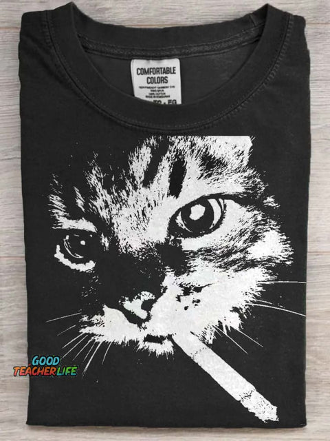 Funny Smoking Cat Printed Casual Short Sleeve T-Shirt