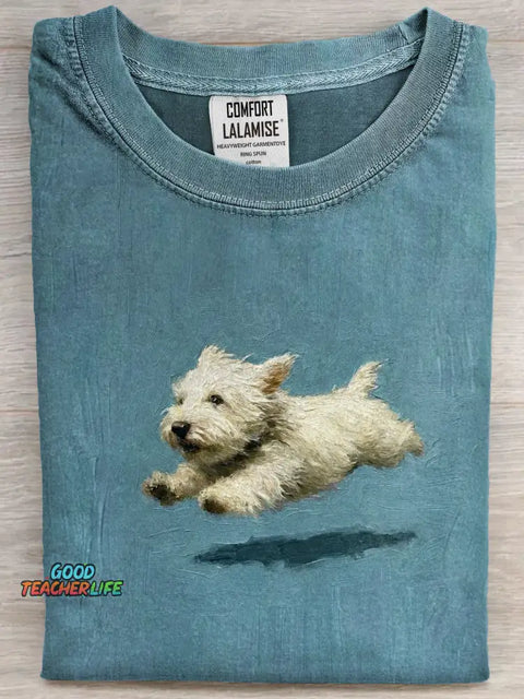 Funny retro Cute Running Dog Art Print Casual Cotton Short Sleeve T-shirt