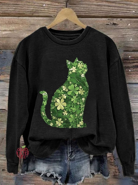 Women's Clover Cat Print Crew Neck Sweatshirt