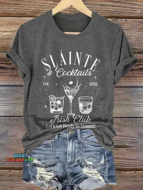 Retro St.Patrick's Day SláInte Cocktail Club Let's Get Ready To Stumble Print T-Shirt