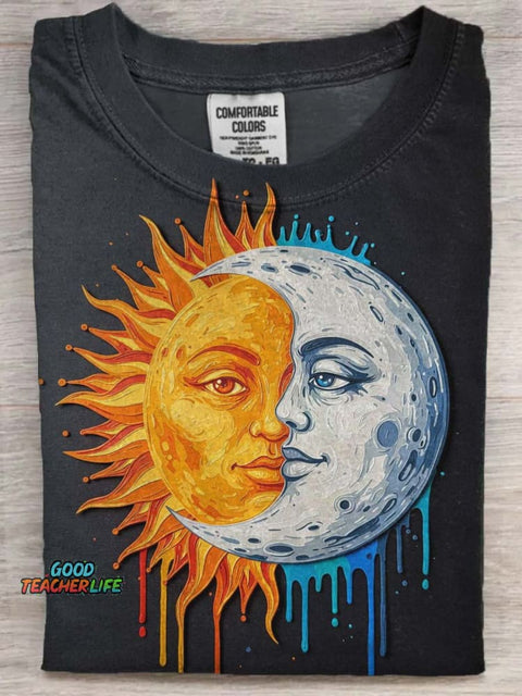 Sun Moon Print Casual Short Sleeve T-Shirt