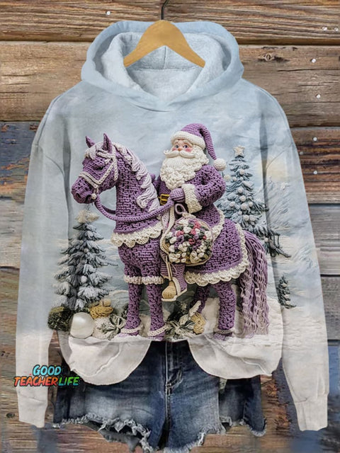 Winter Santa and Horse Art Print Casual Hoodie