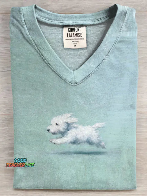 Funny Retro Cute Running White Dog Art Print V-neck Casual T-shirt