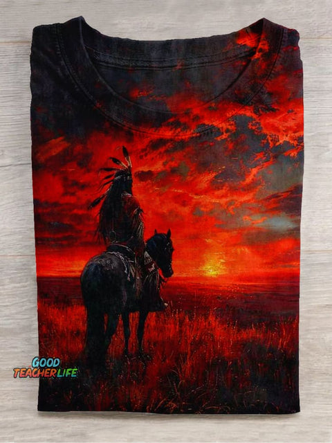 Unisex Red Sunset Art Print Short Sleeve Casual T-Shirt