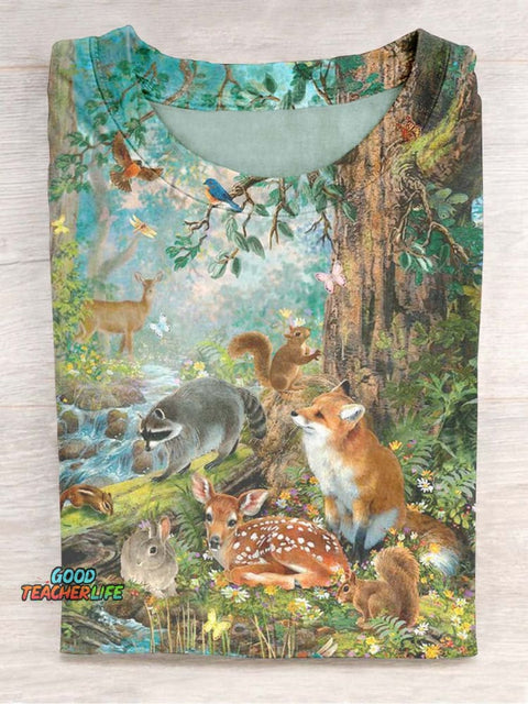 Unisex Animal Forest Print Casual Short Sleeve T-Shirt