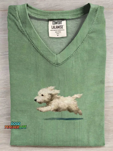 Funny Retro Cute Running White Dog Art Print V-neck Casual T-shirt