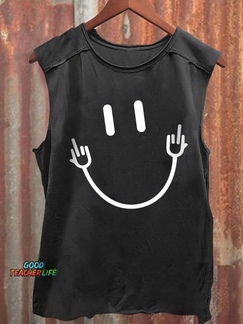 Smile Face Middle Finger Funny Sarcasm Meme Quote Tank Top