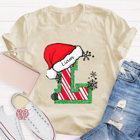 Personalized Name Merry Christmas Santa Holiday Green Red Glitter T-Shirt