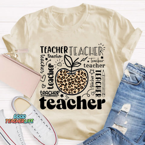 Teacher Various Fonts Various Fonts Leopard Apple T-Shirt