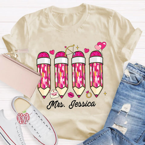 Personalized Name Pink Pencil Teacher T-Shirt