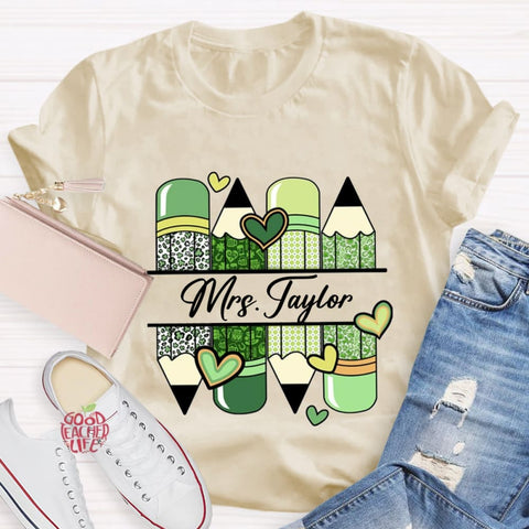 Personalized Name Green Heart Pencil Teacher T-Shirt