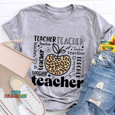 Teacher Various Fonts Various Fonts Leopard Apple T-Shirt