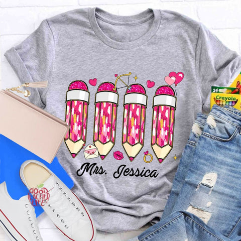 Personalized Name Pink Pencil Teacher T-Shirt