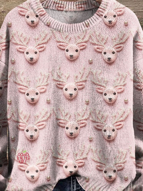 Pink Reindeer Girly Christmas Print Knit Pullover Sweater