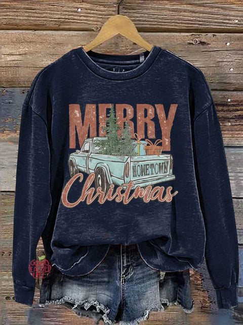 Merry Christmas Car Christmas Tree Print Casual Sweatshirt